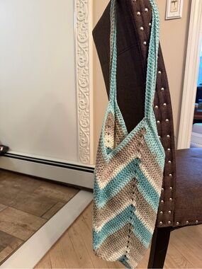 Handmade Crochet Tote Bag Boho Beach Shoulder Bag Aqua Taupe Cream NWOT